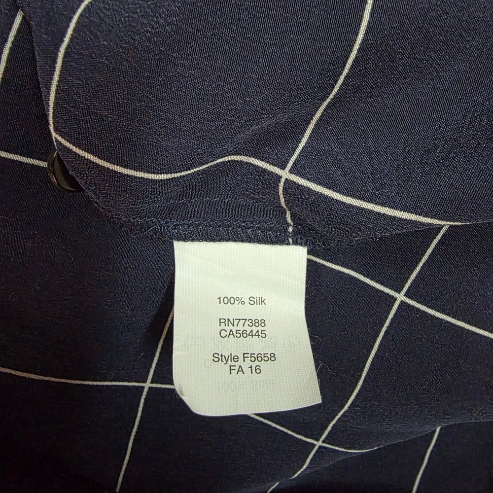 Madewell Navy Silk Windowpane Lace Up Blouse F5658 Womens XS Grid Long Sleeve - Picture 7 of 8